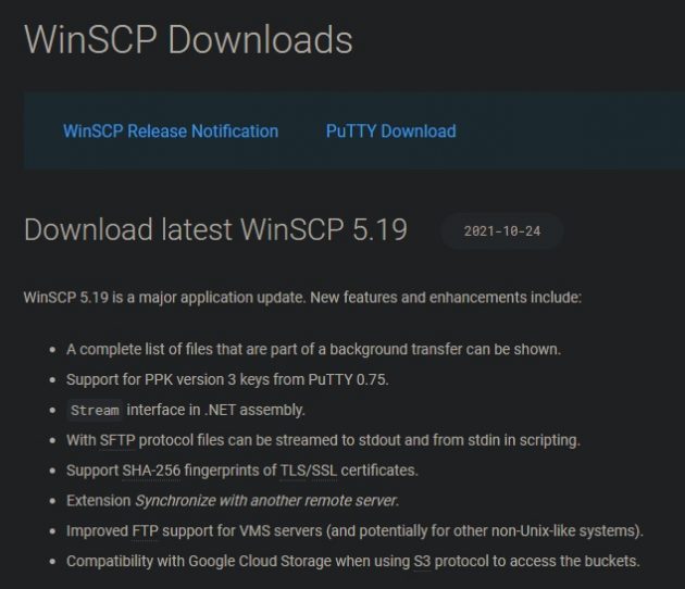 liste des versions de winscp
